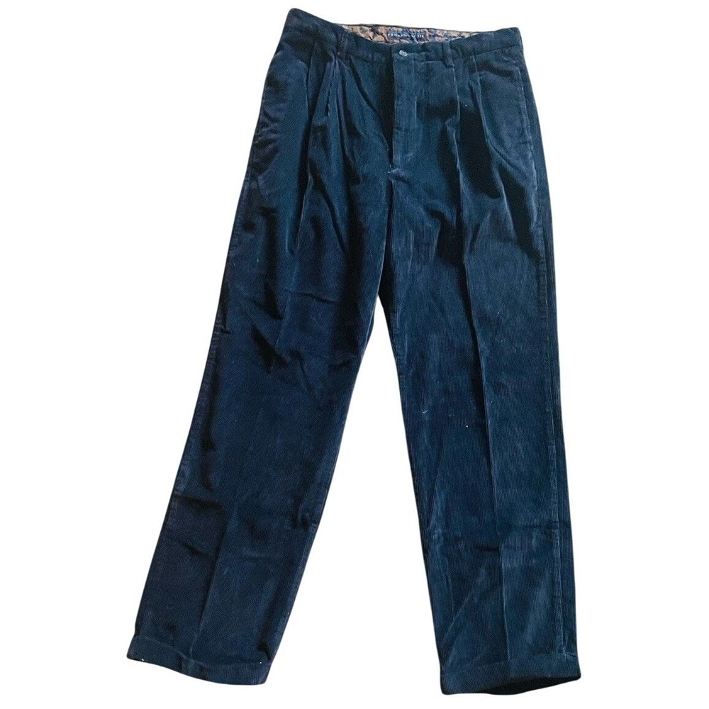 Tommy Hilfiger Corduroy Pants Mens 35x32 Navy Blue Pleated Cuffed Trousers